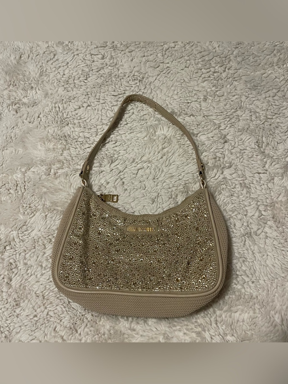 Steve Madden Rhinestone Baguette Shoulder Bag Tan Champagne Crystal Nylon Purse